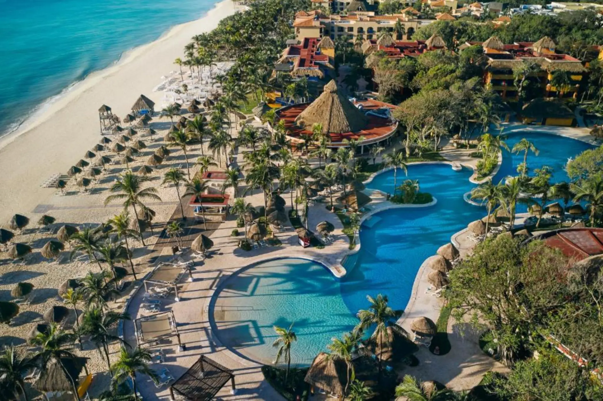 An aerial view of the hotel's pool area, palm trees, and beach with thatched umbrellas.