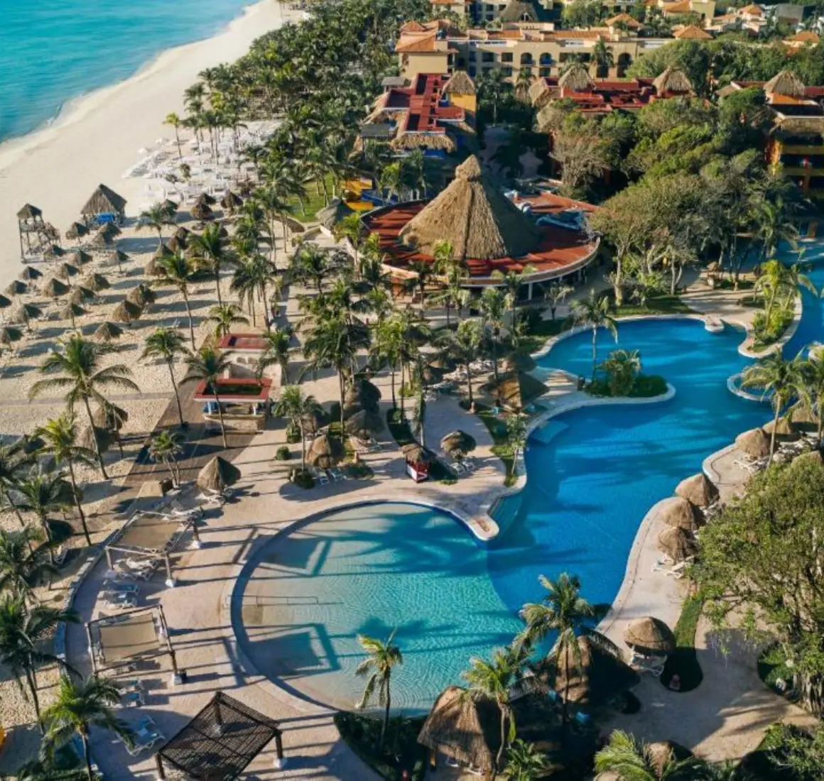 An aerial view of the hotel's pool area, palm trees, and beach with thatched umbrellas.