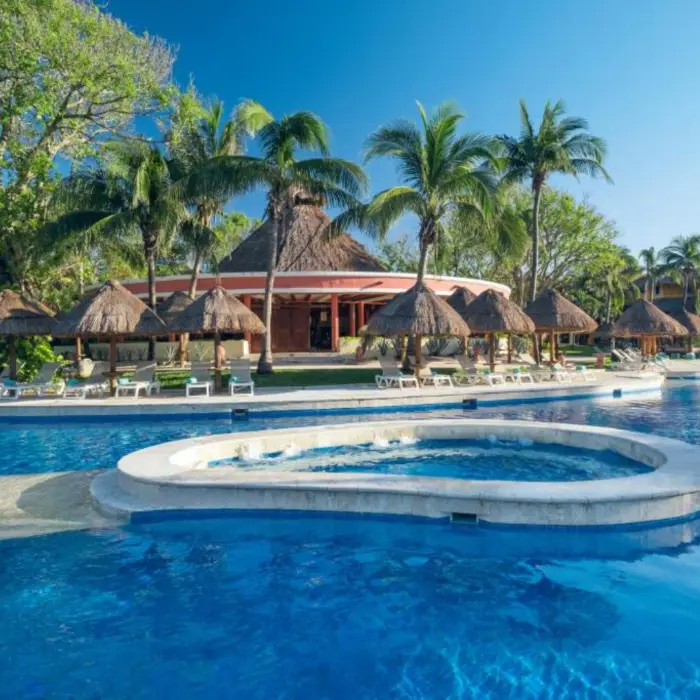 A large outdoor swimming pool with palm trees, lounge chairs, and a bar area.