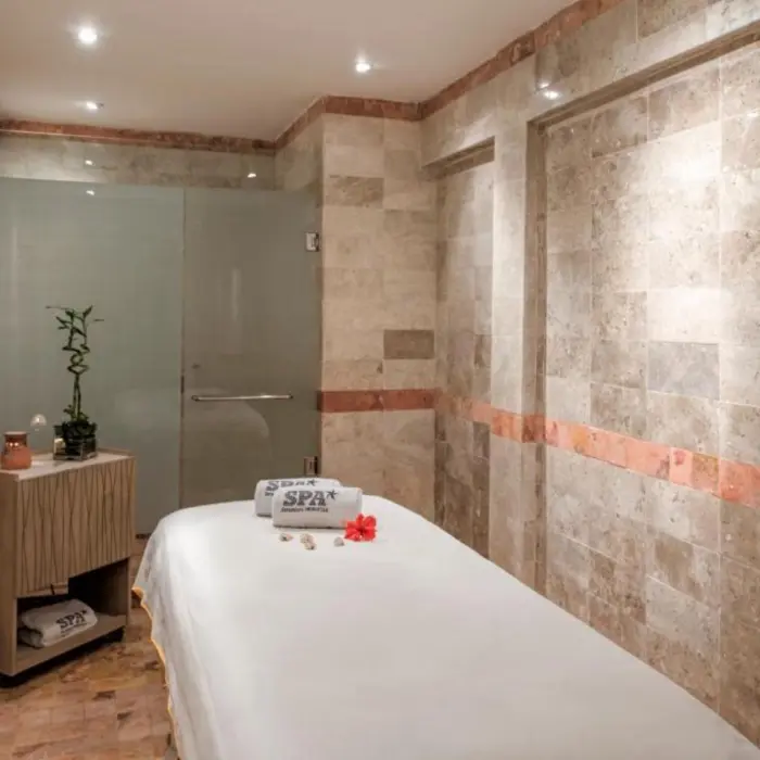 A spa treatment room with a massage bed, stone walls, and a glass-enclosed shower.