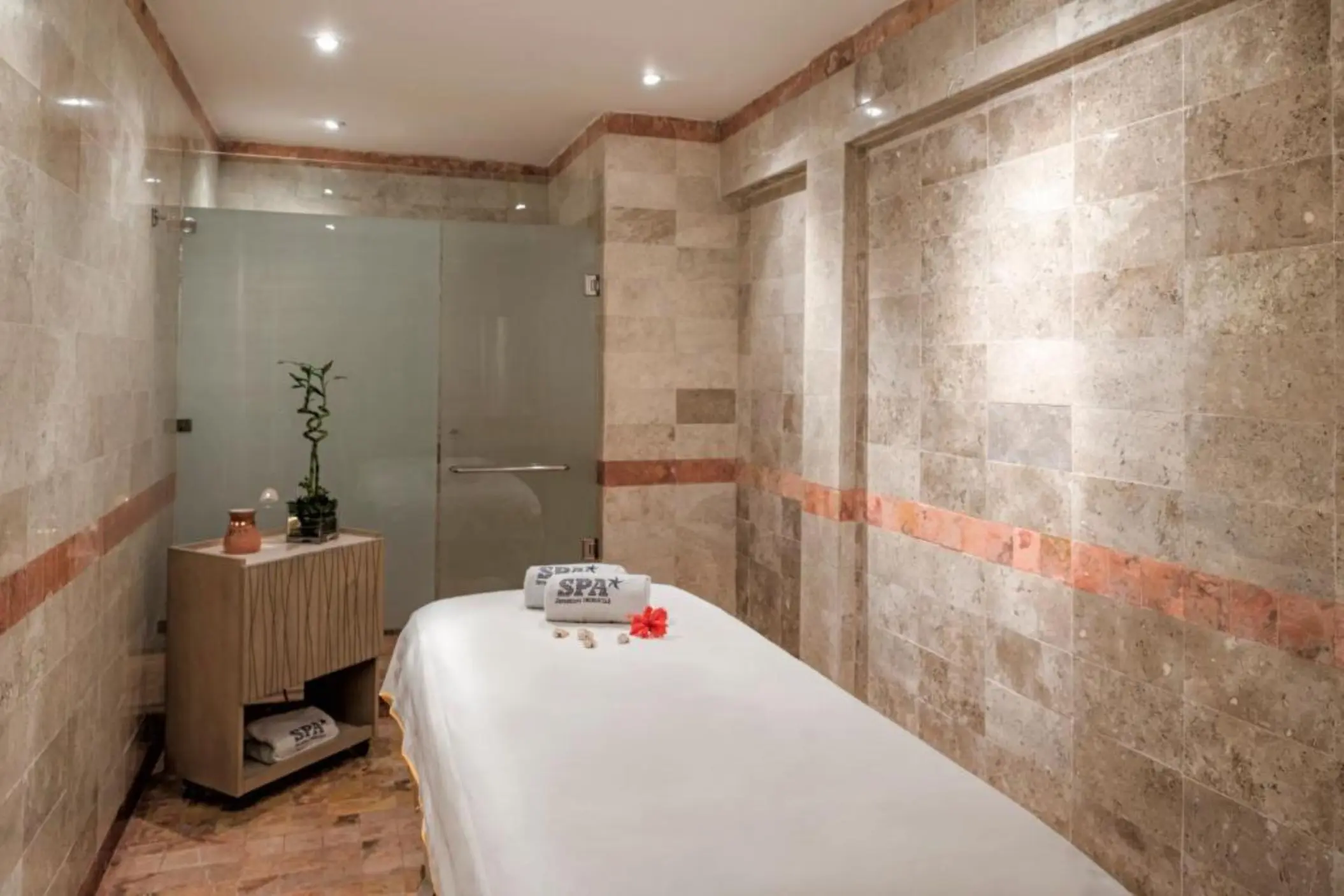 A spa treatment room with a massage bed, stone walls, and a glass-enclosed shower.