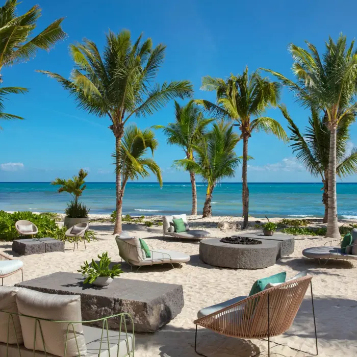 Chic beach lounge area with modern chairs and firepit surrounded by palm trees.