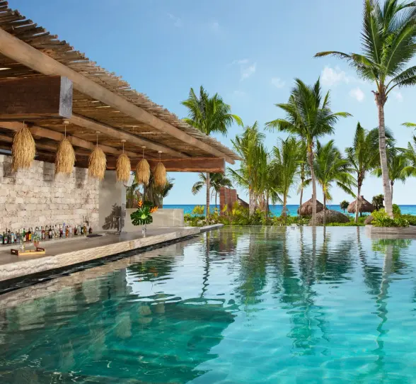 Swim-up pool bar with tropical decor, rustic stone walls, and ocean views.
