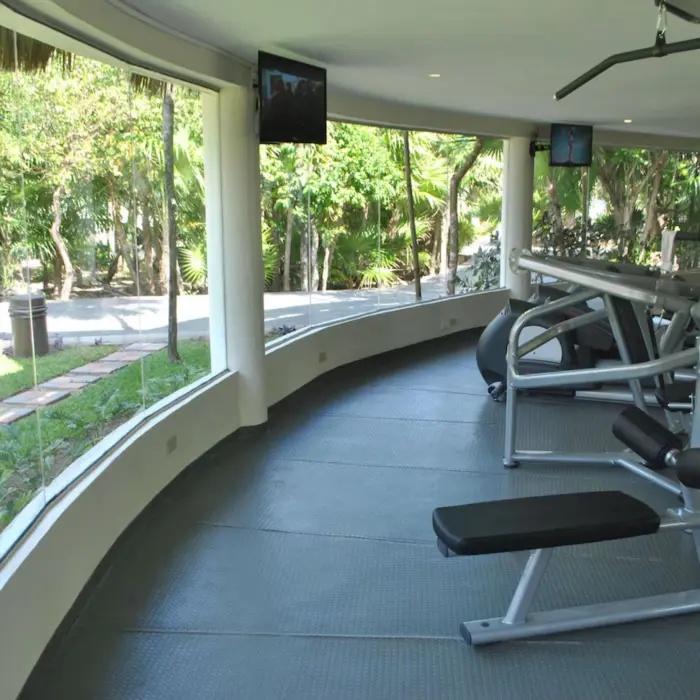 A modern gym with various exercise machines, featuring large windows overlooking lush greenery.