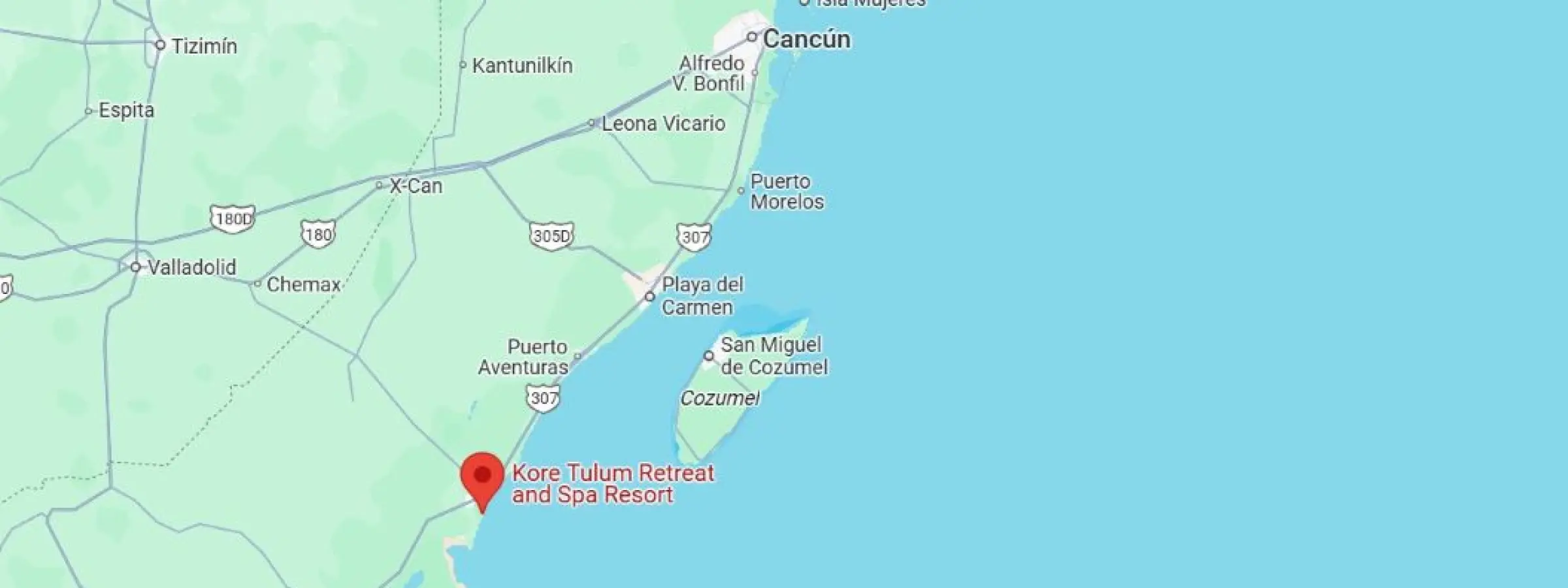 map showing location of Kore Tulum Retreat and Spa Resort in Mexico
