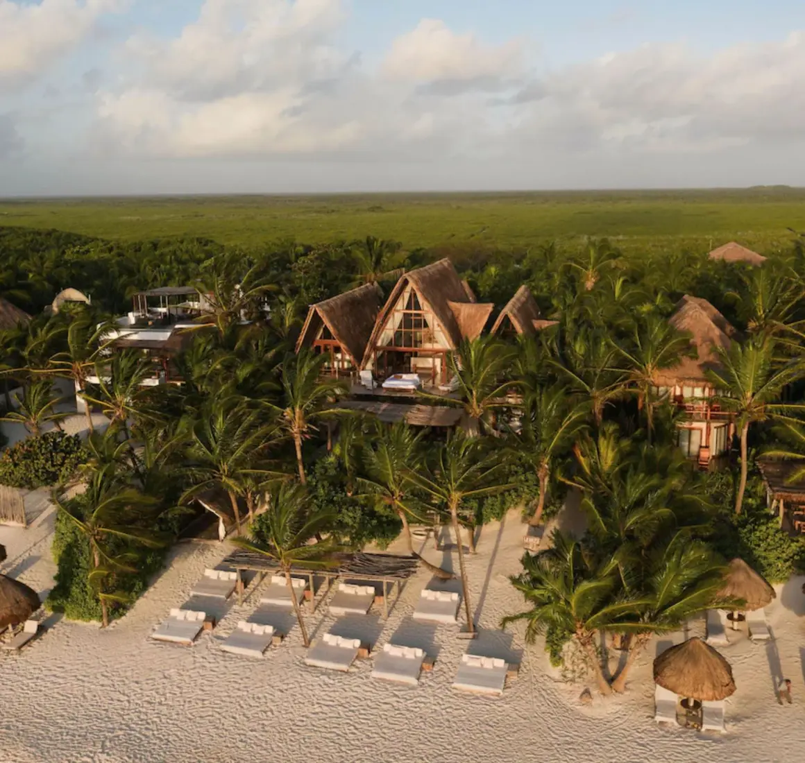 aerial view of La Valise Tulum with the beach and buildings and palms
