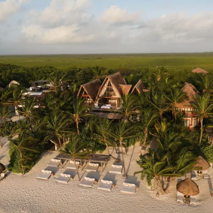 aerial view of La Valise Tulum with the beach and buildings and palms