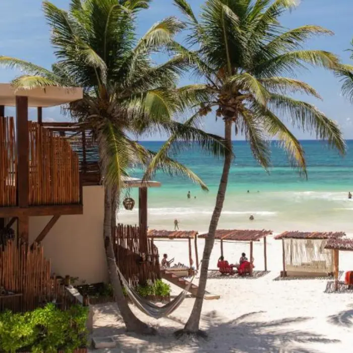 exteriors of La Zebra with beach cabanas and hammocks