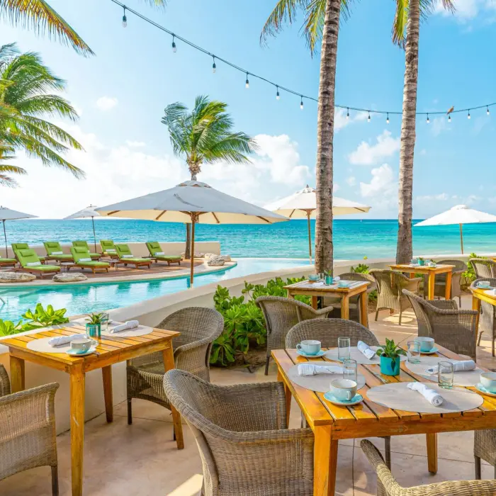 Oceanfront restaurant with pool views and alfresco dining setup under string lights and palm trees.