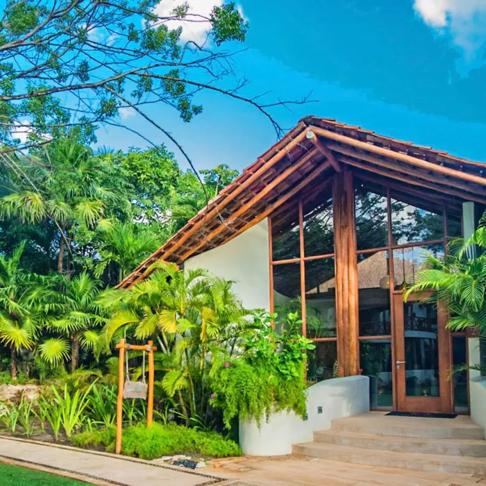 Boutique entrance with wooden beams, large glass panels, and vibrant garden landscape in the jungle.