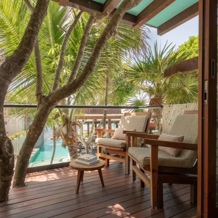 balcony of pool view room at Mi Amor