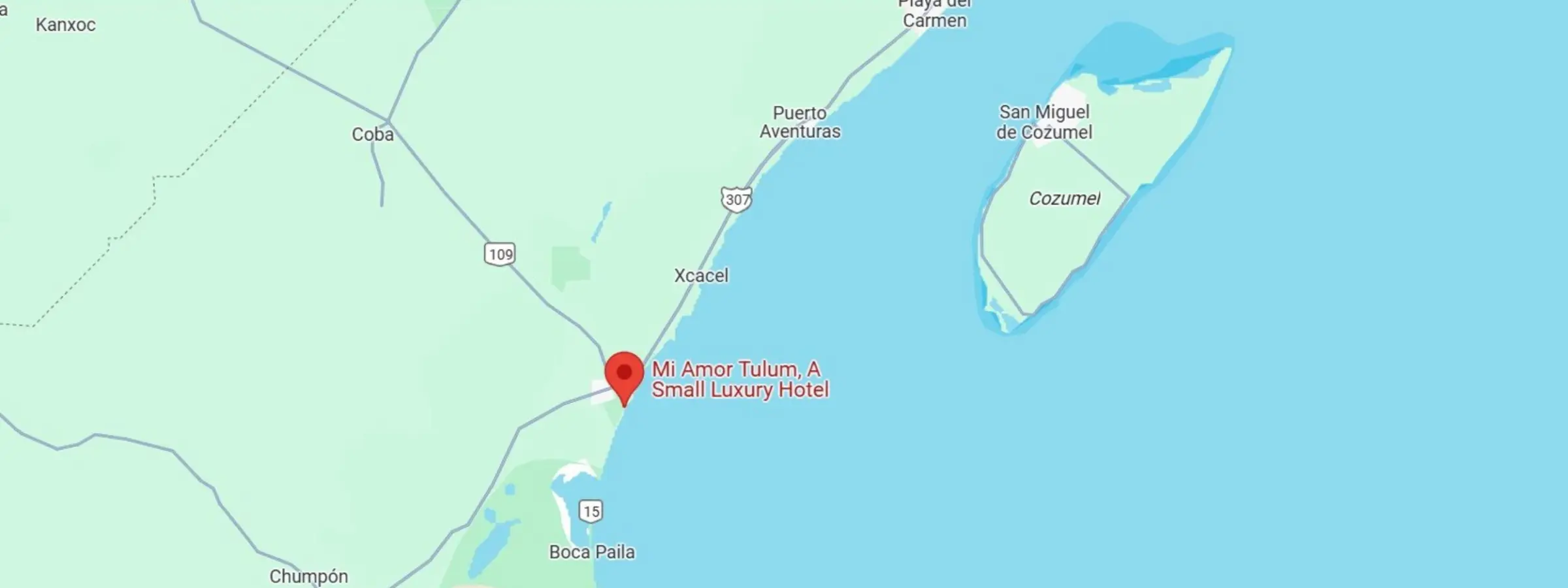 map showing location of Mi Amor hotel tulum in Mexico