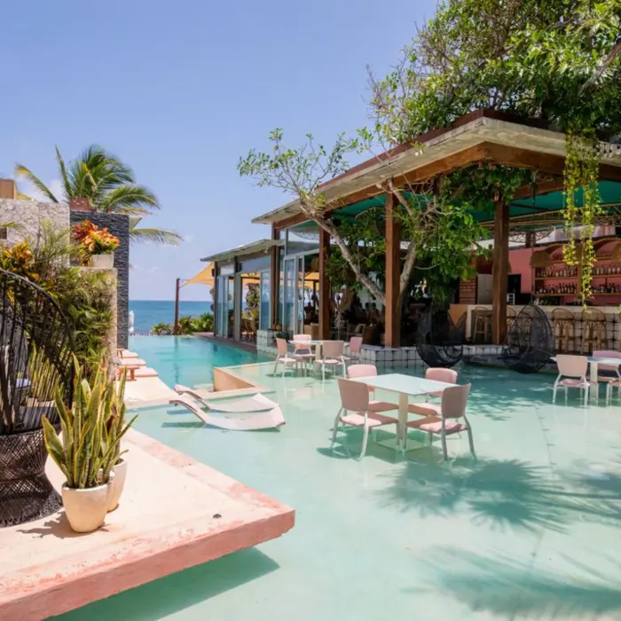 pool and bar overlooking the sea at Mi Amor