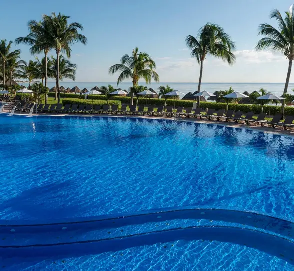 A large, sparkling blue pool with palm trees, lounge chairs, and the ocean visible in the background.
