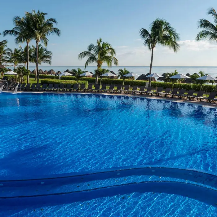 A large, sparkling blue pool with palm trees, lounge chairs, and the ocean visible in the background.