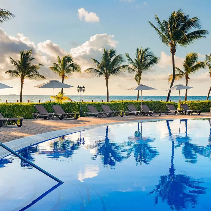 stunning outdoor pool with numerous lounge chairs, umbrellas, and tall palm trees, facing the ocean under a beautiful sky.