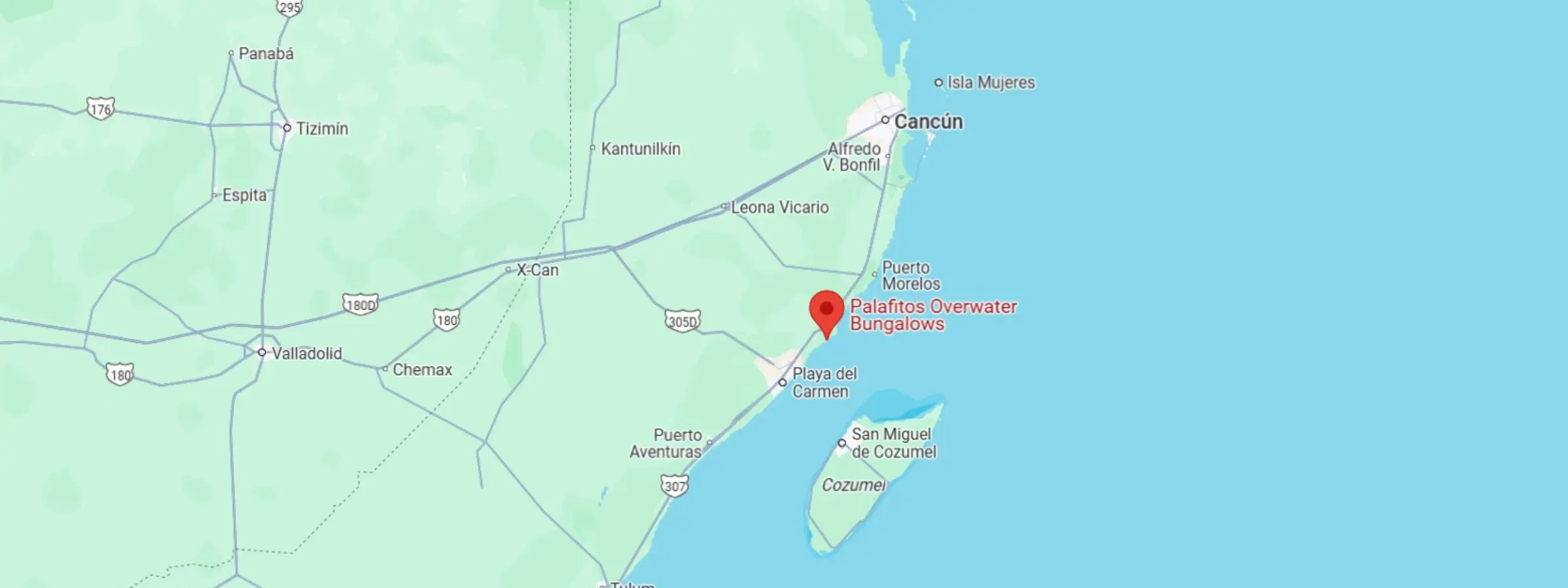 map showing location of Palafitos Overwater Bungalows in Mexico