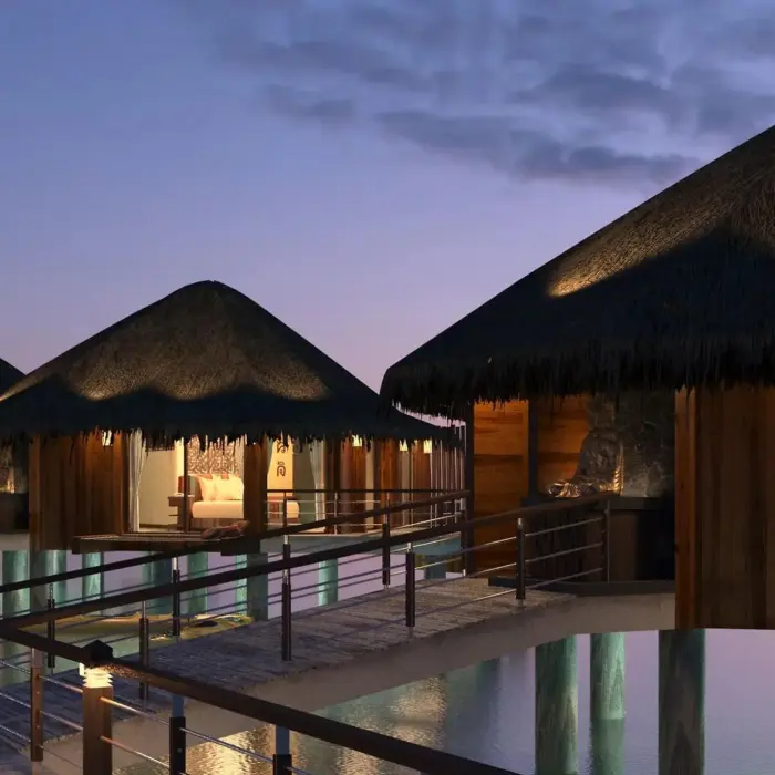 Palafitos Overwater Bungalows at night