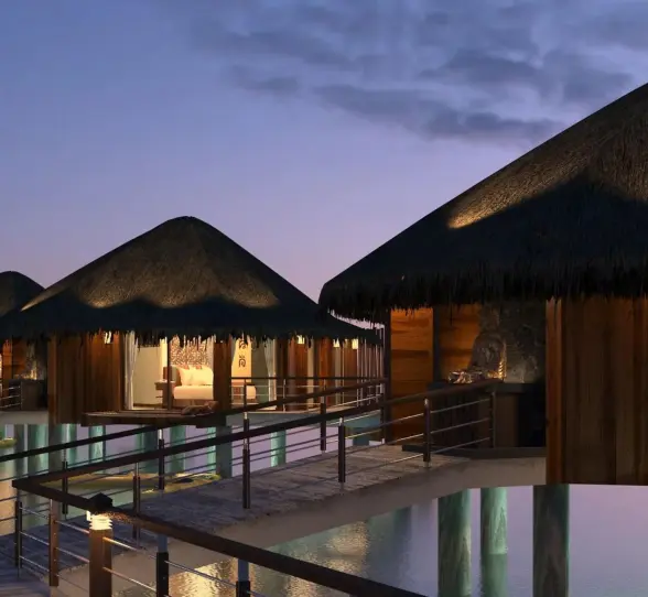 Palafitos Overwater Bungalows at night