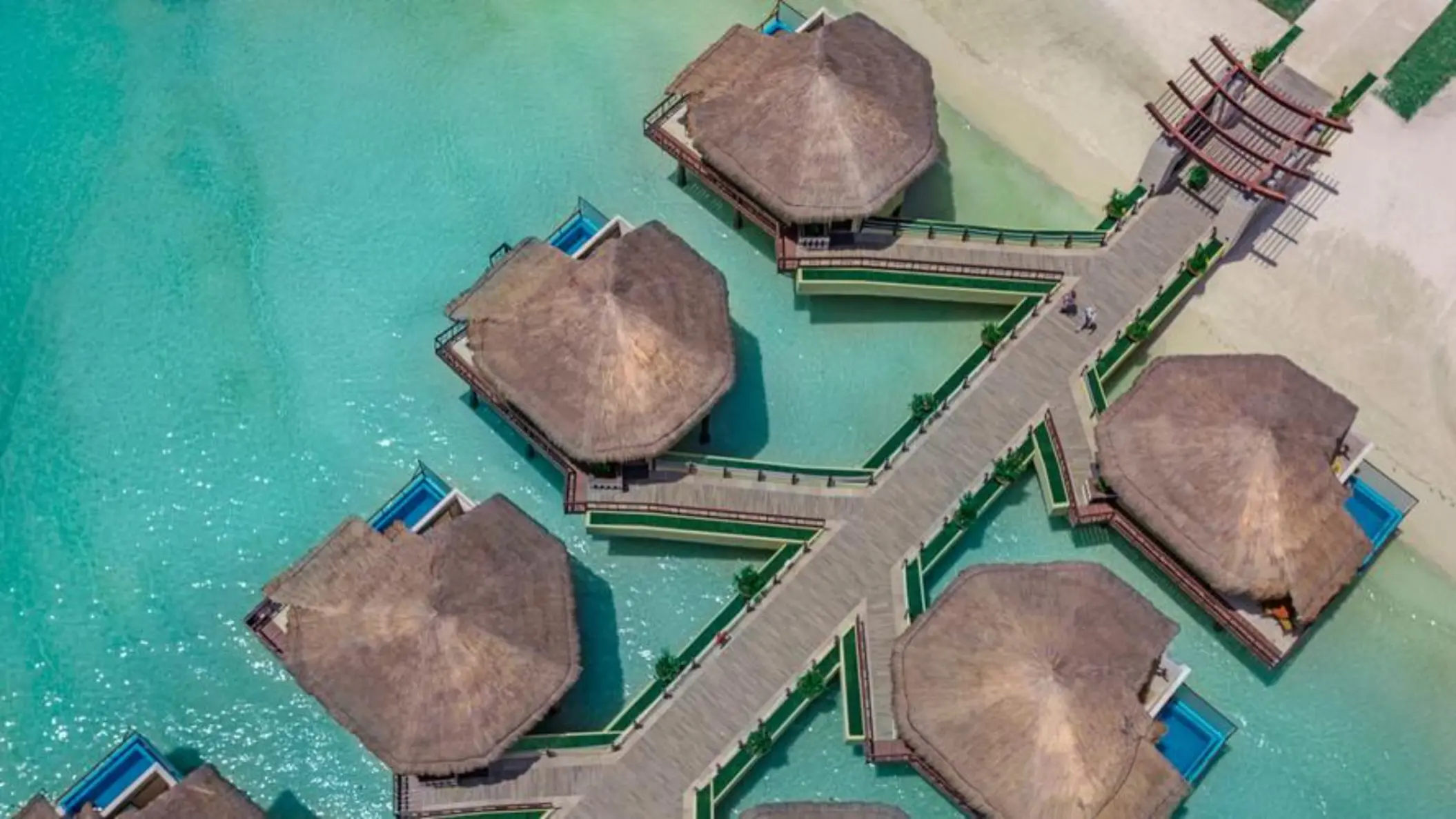 top view of the bungalows in the sea at Palafitos Overwater Bungalows