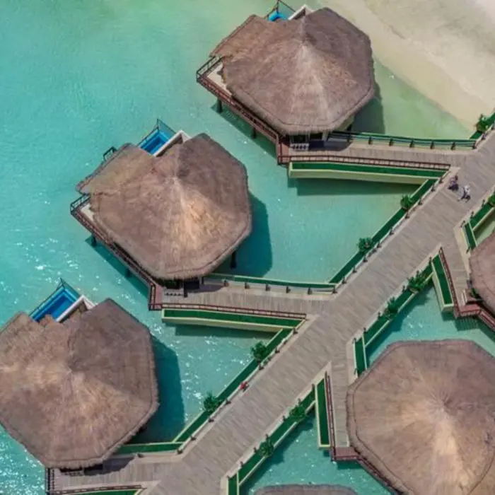 top view of the bungalows in the sea at Palafitos Overwater Bungalows