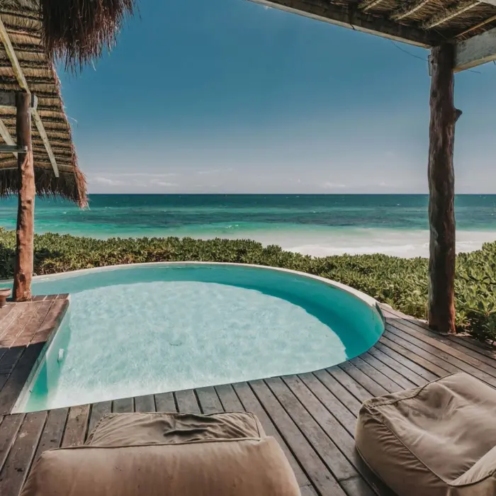 A private plunge pool set on a wooden deck, part of a Casa Palapa, offering direct ocean views and surrounded by tropical plants.