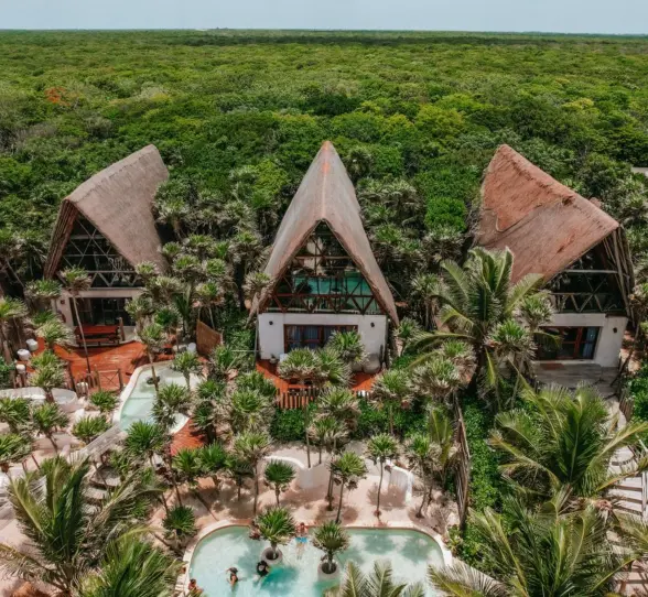Aerial view of A-frame loft structures with thatched roofs, surrounded by palm trees and a central swimming pool area.