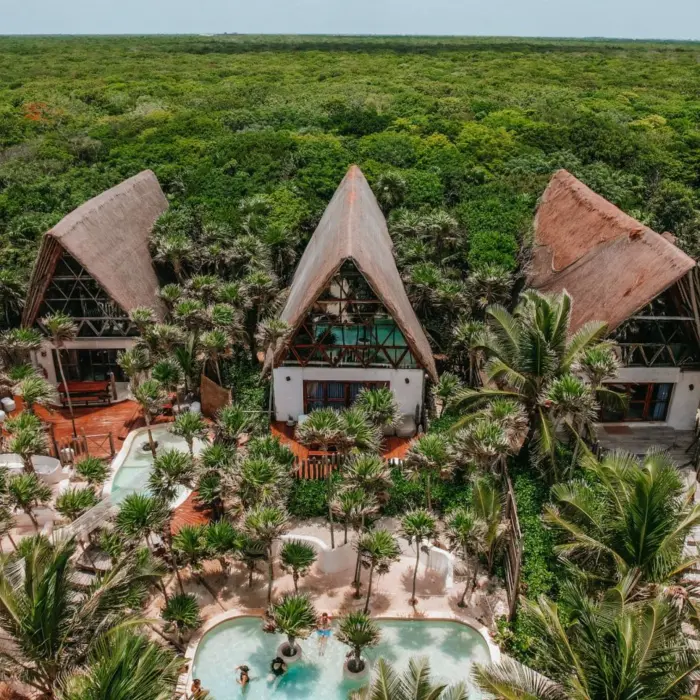 Aerial view of A-frame loft structures with thatched roofs, surrounded by palm trees and a central swimming pool area.
