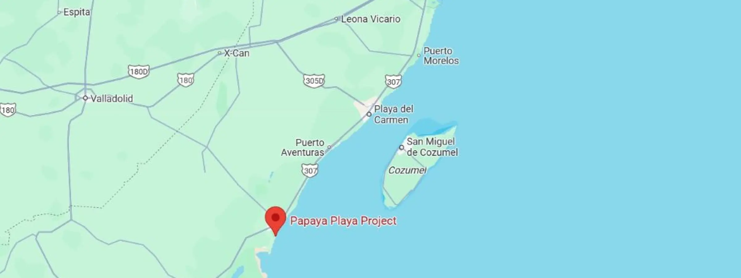 map showing location of Papaya Playa Project in Tulum Mexico