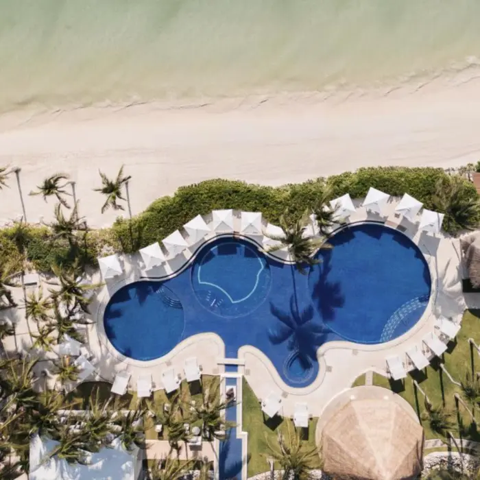 aerial view of the pool and beach at Paraiso de la Bonita