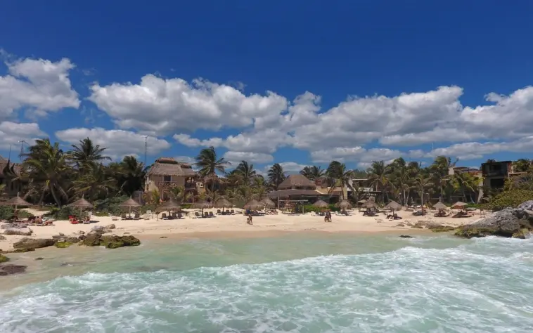 An aerial view of Piedra Escondida's sandy beach, lined with palm trees, thatched roof buildings, and blue ocean waves.