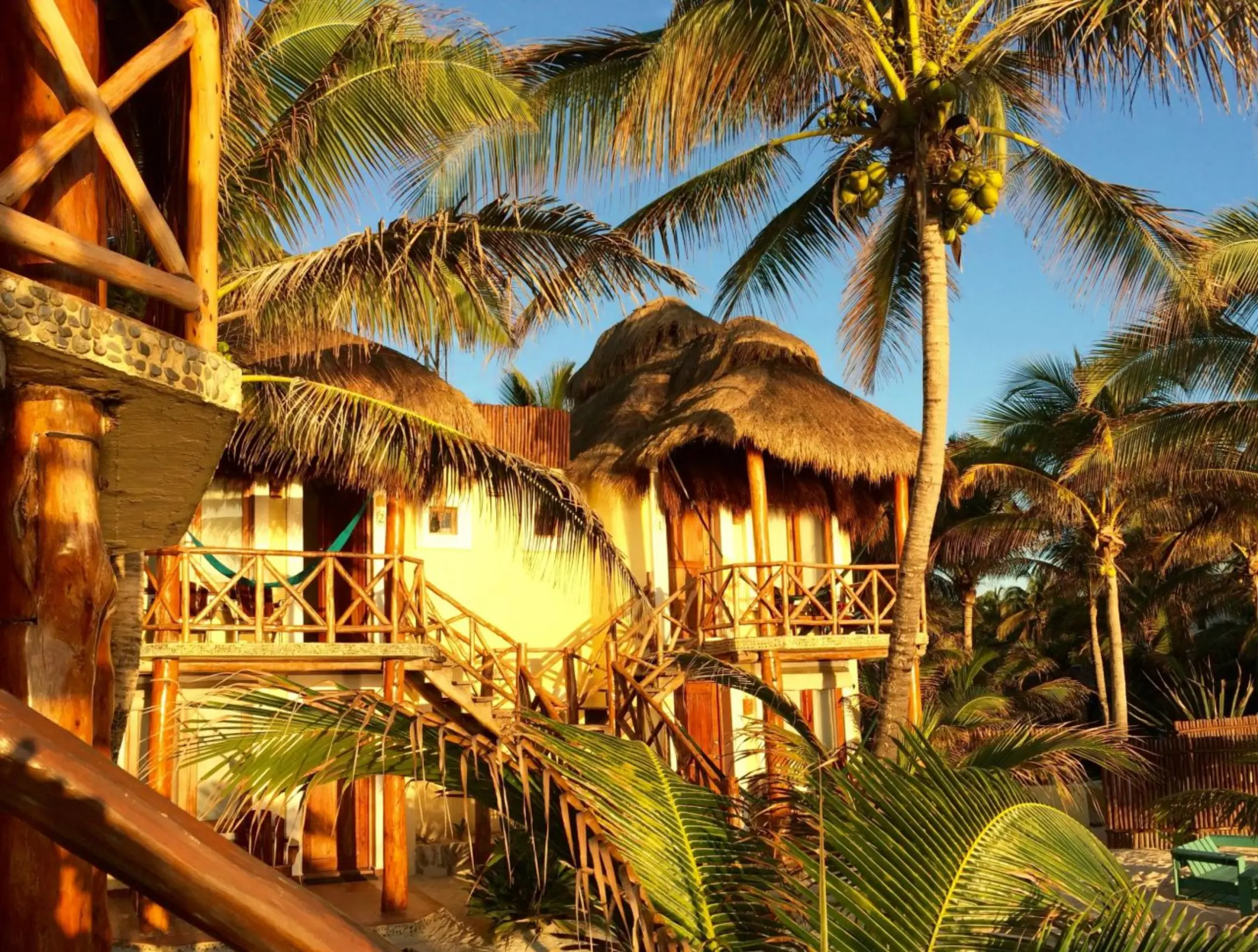 Exterior view of thatched-roof accommodations at Piedra Escondida, surrounded by lush green palm trees under clear skies.