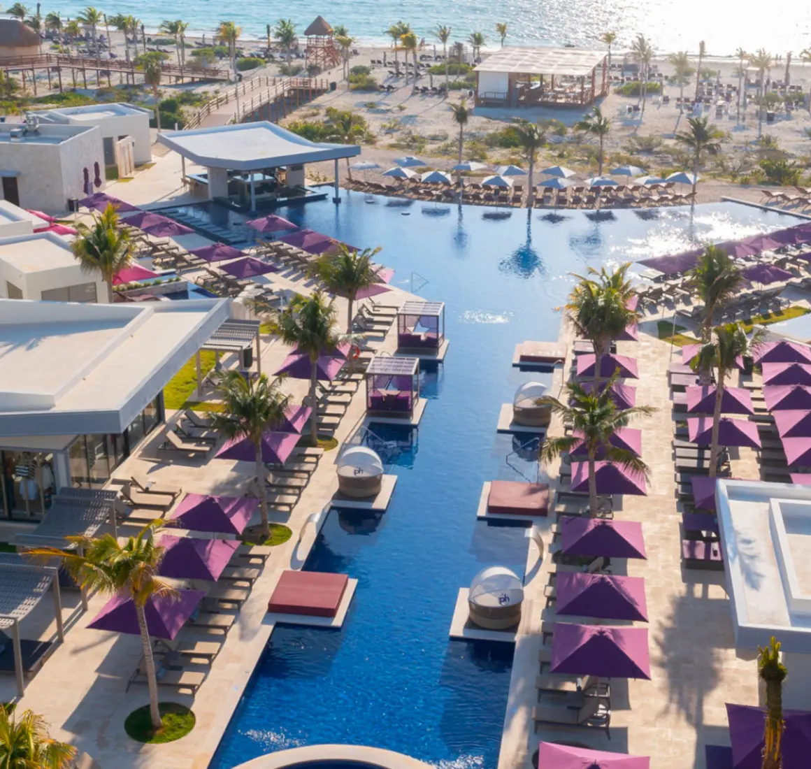 Aerial view of a beachfront resort with central infinity pool, cabanas, and purple umbrellas lining both sides.