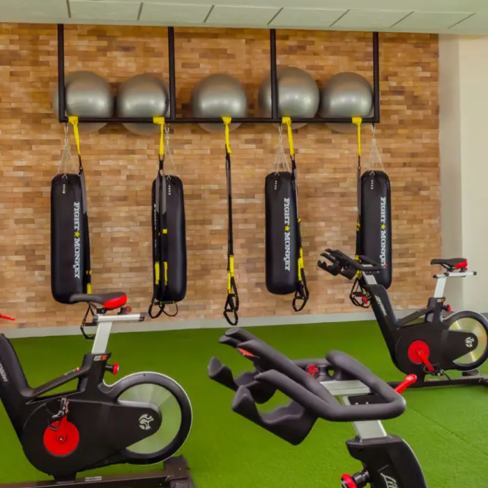 Fitness center with bikes, punching bags, and TRX equipment in a bright room with outdoor views.