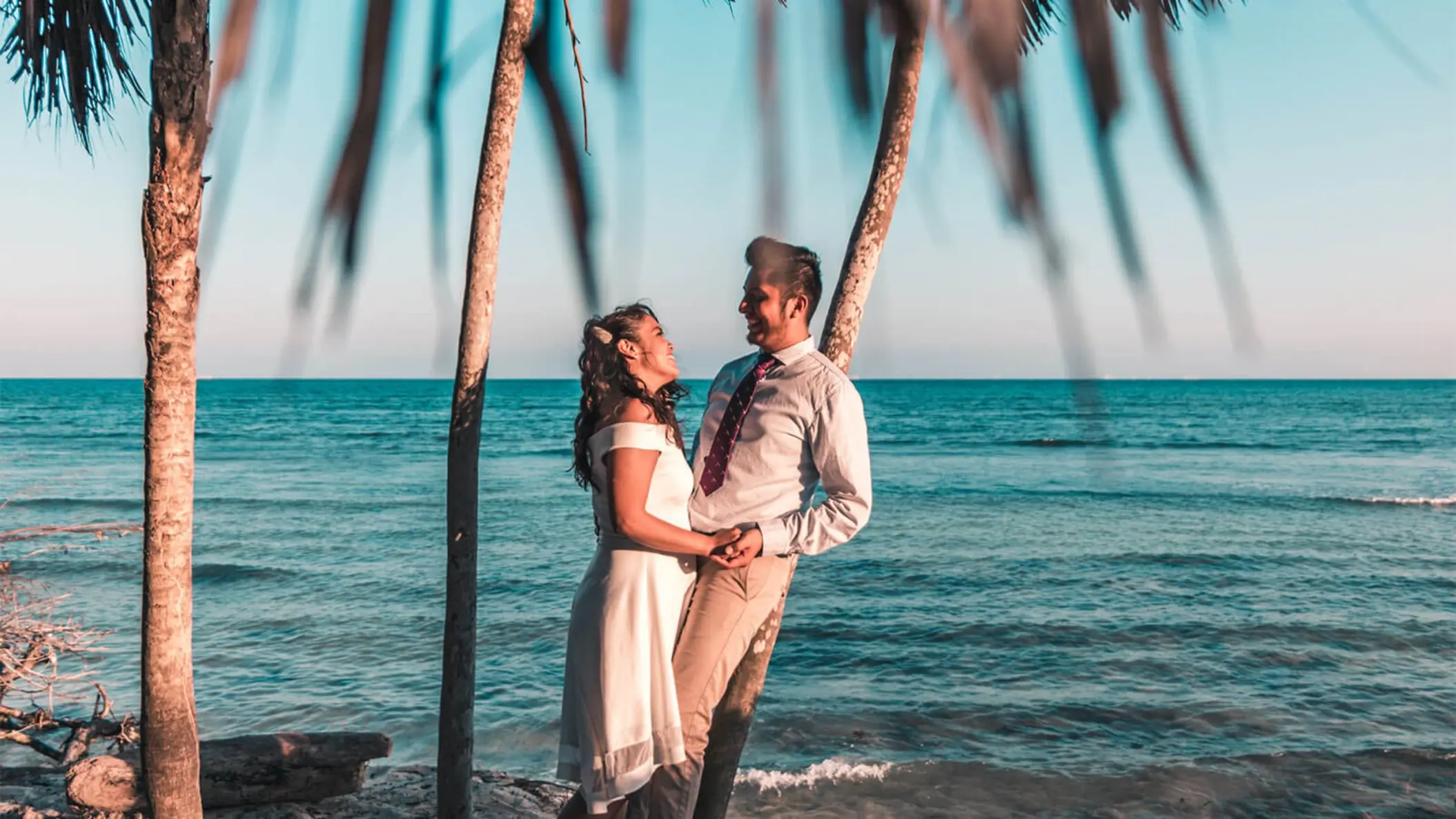 A smiling bride and groom embracing on a beach, leaning against palm trees with the ocean in the background.