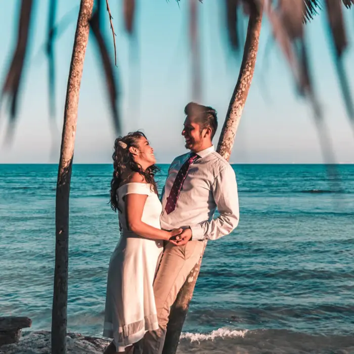 A smiling bride and groom embracing on a beach, leaning against palm trees with the ocean in the background.