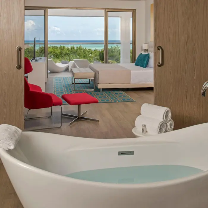 A Master Suite featuring a standalone bathtub in the foreground and the bedroom area visible through sliding wooden doors.