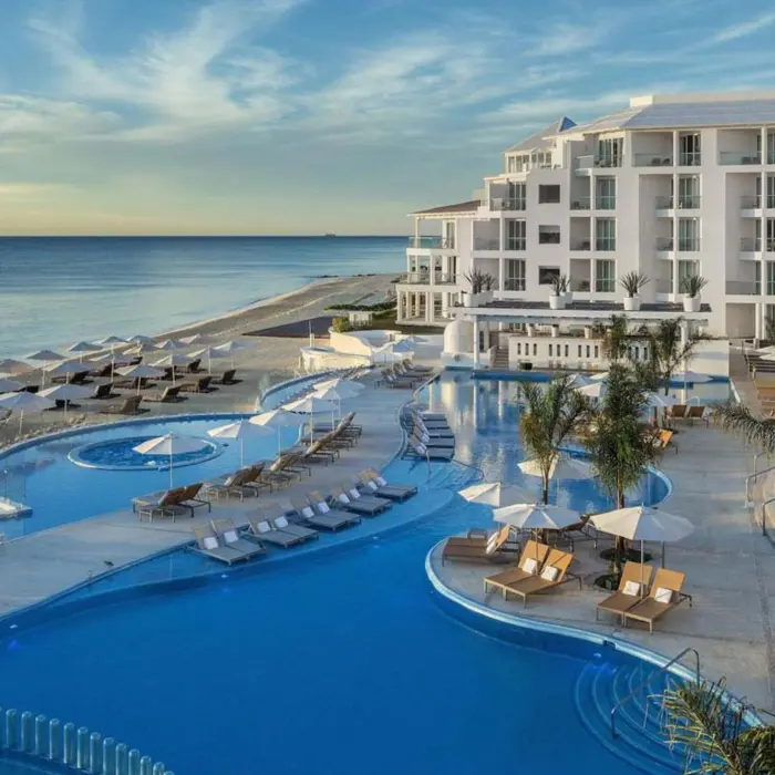 aerial view of Playacar Palace with its pools and accommodations and beach