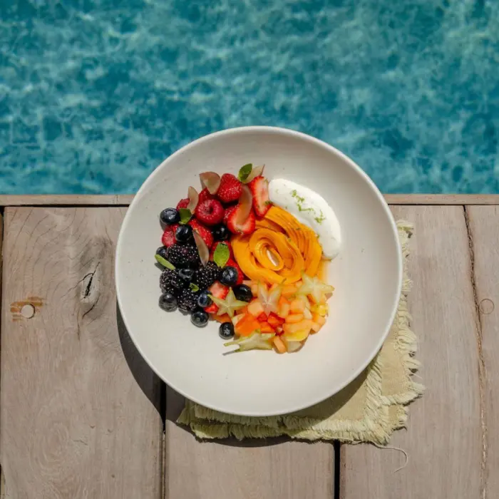 bowl of fruits for breakfast at Radhoo Tulum