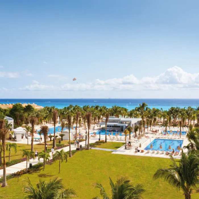 aerial view of the pool and landscaped gardens and the beach at Hotel Riu Palace Mexico