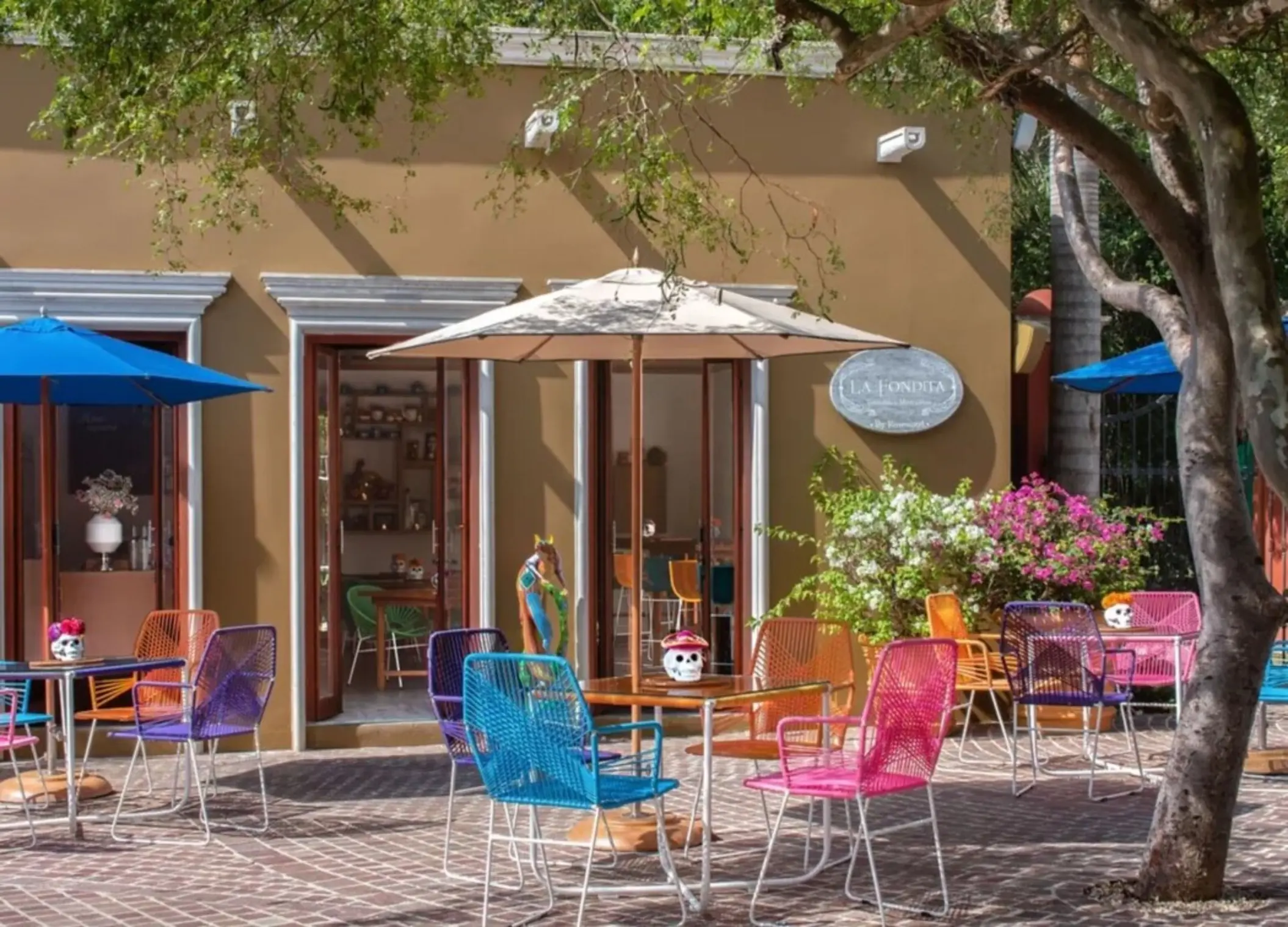 Colorful La Fondita Mexican restaurant with courtyard seating at Rosewood Mayakoba
