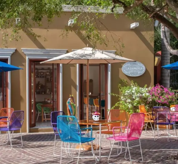 Colorful La Fondita Mexican restaurant with courtyard seating at Rosewood Mayakoba