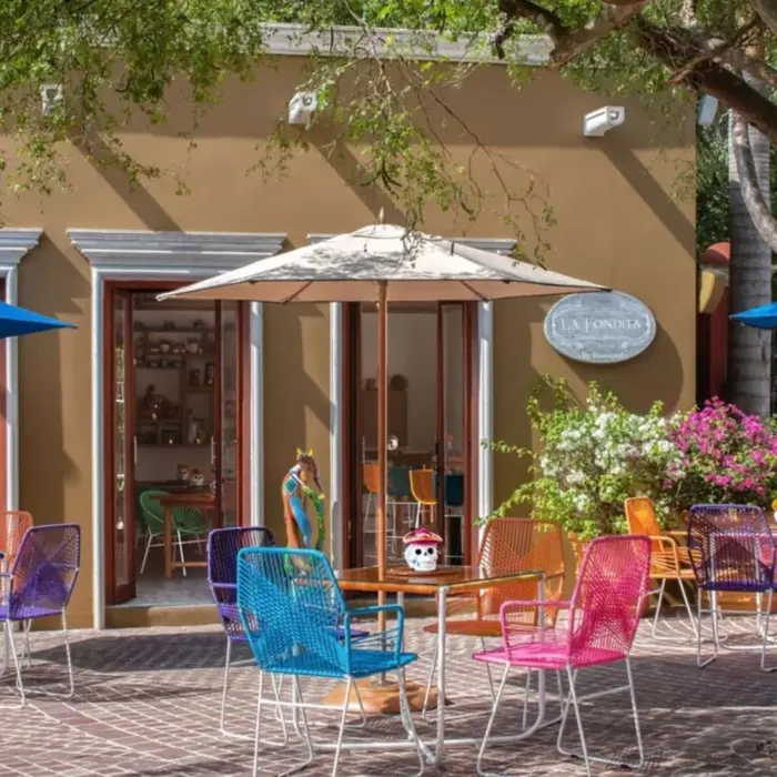 Colorful La Fondita Mexican restaurant with courtyard seating at Rosewood Mayakoba