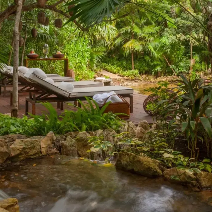outdoor loungers at the spa at Rosewood Mayakoba