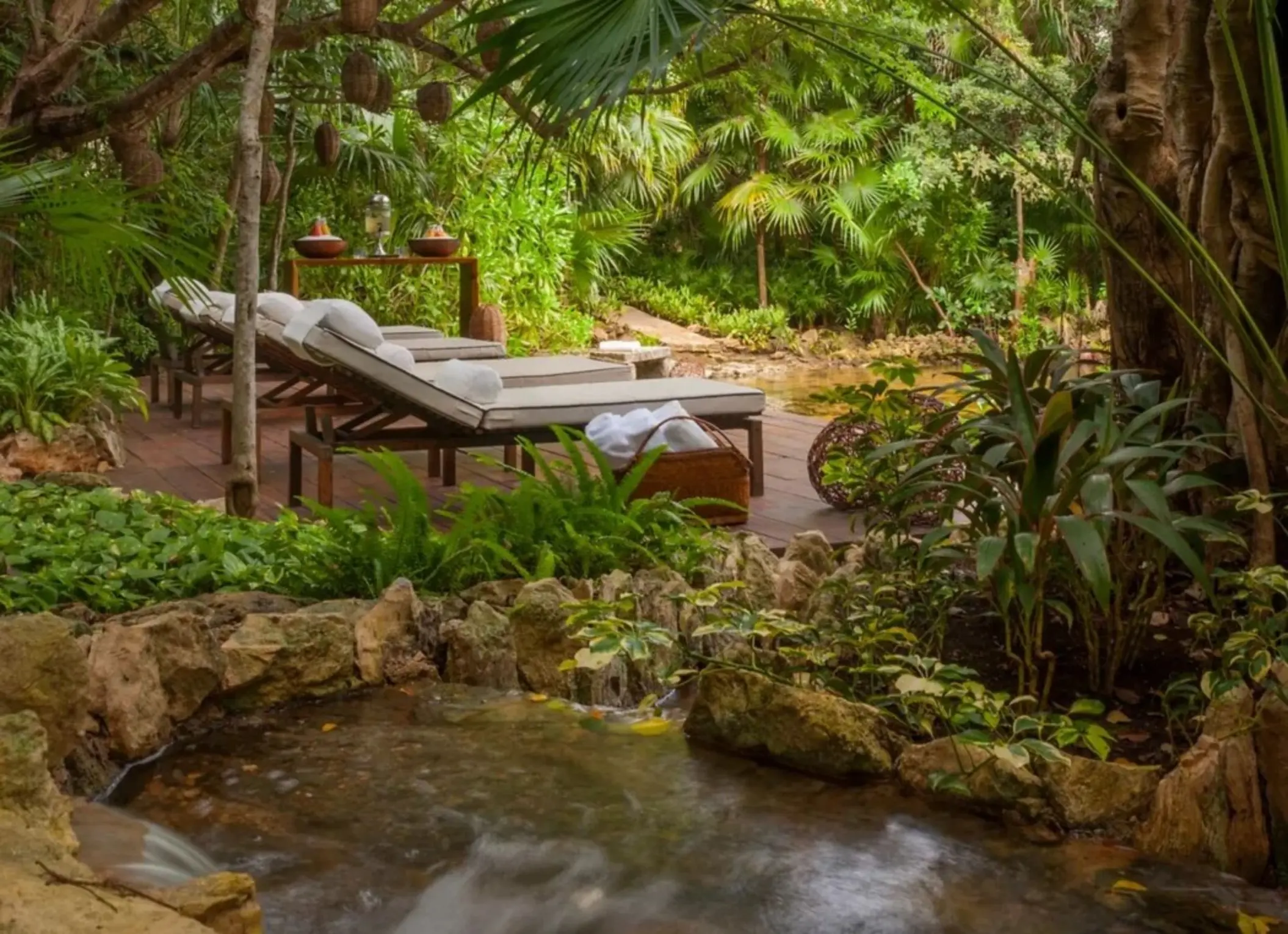 outdoor loungers at the spa at Rosewood Mayakoba
