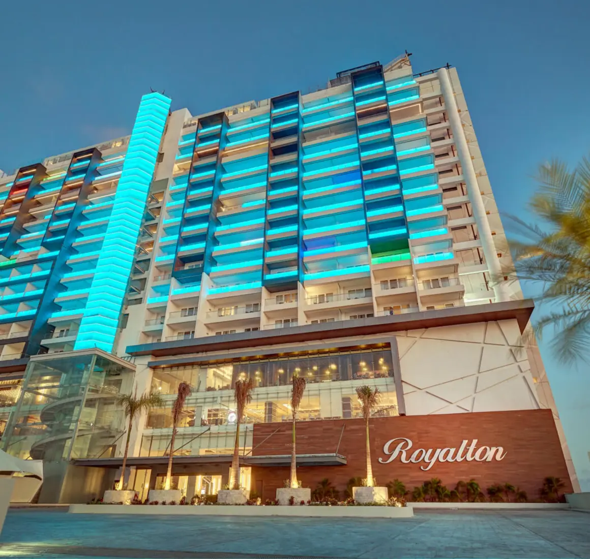 exterior of Royalton CHIC Cancun in the evenung