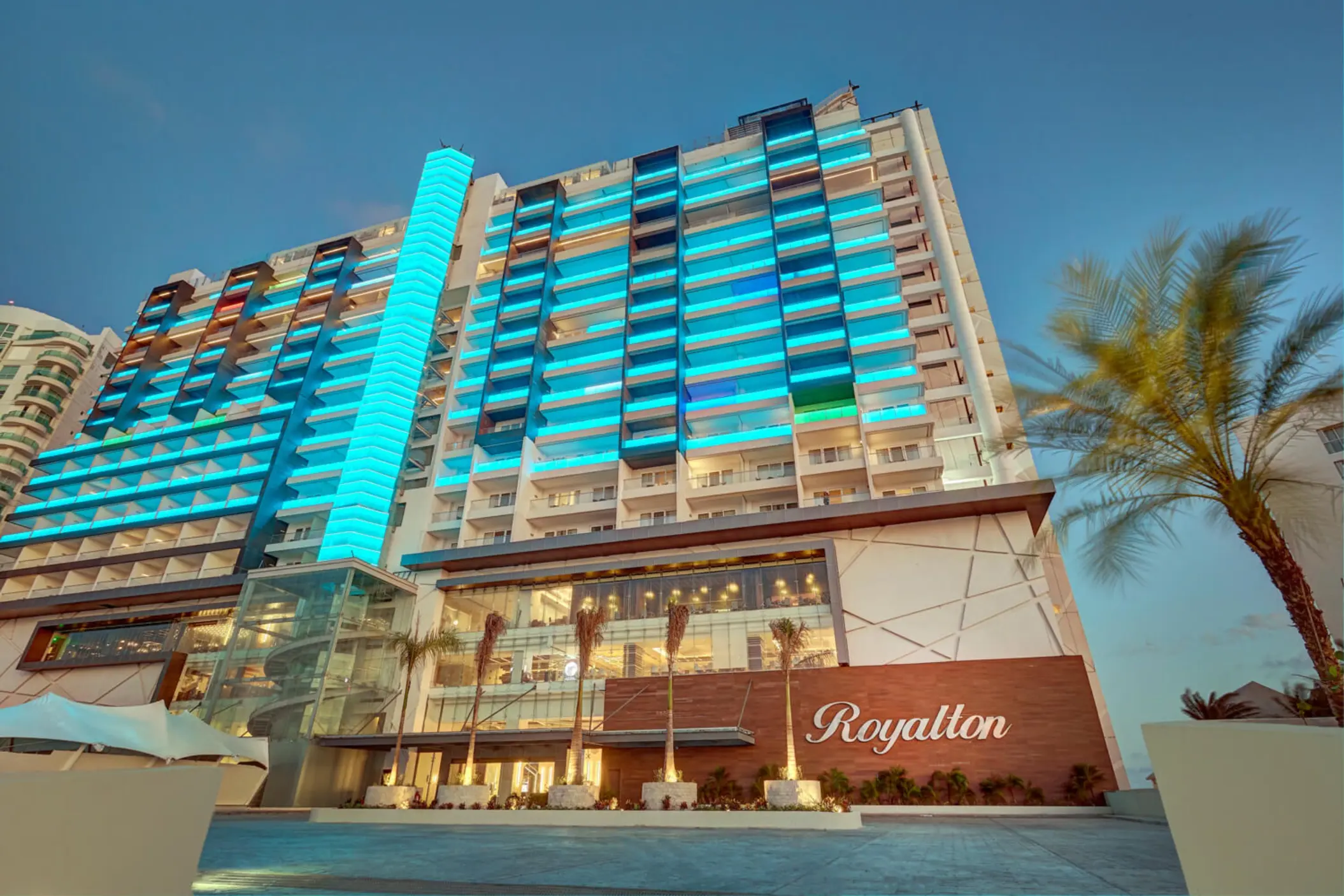 exterior of Royalton CHIC Cancun in the evenung