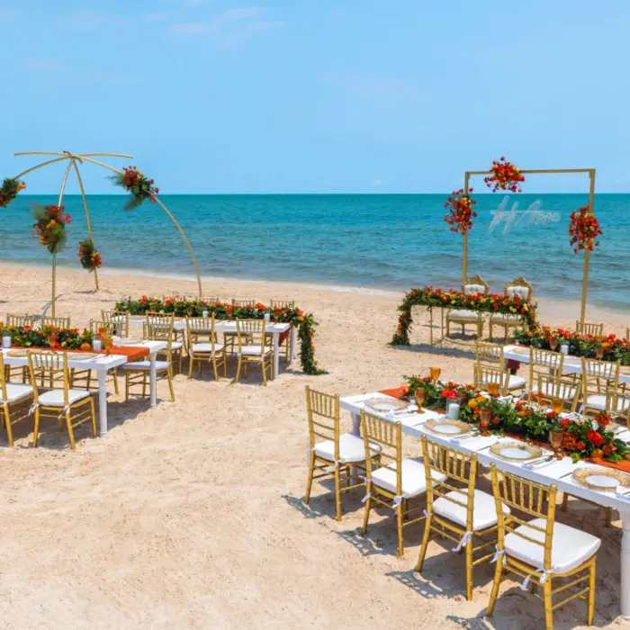 Elegant beach wedding setup with gold chairs, floral arch, and ocean backdrop under a bright blue sky.