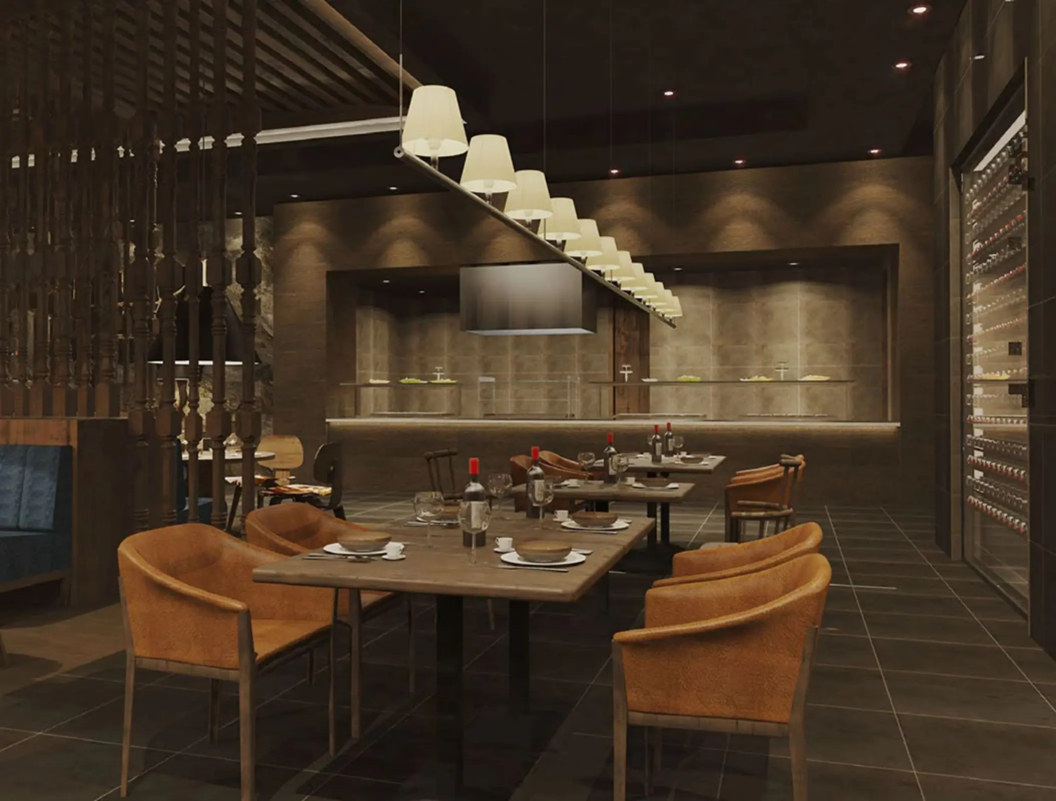 Upscale indoor restaurant with warm lighting, wooden accents, and open kitchen concept.