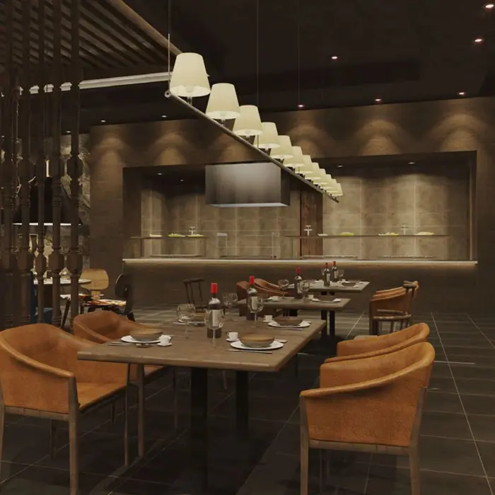 Upscale indoor restaurant with warm lighting, wooden accents, and open kitchen concept.